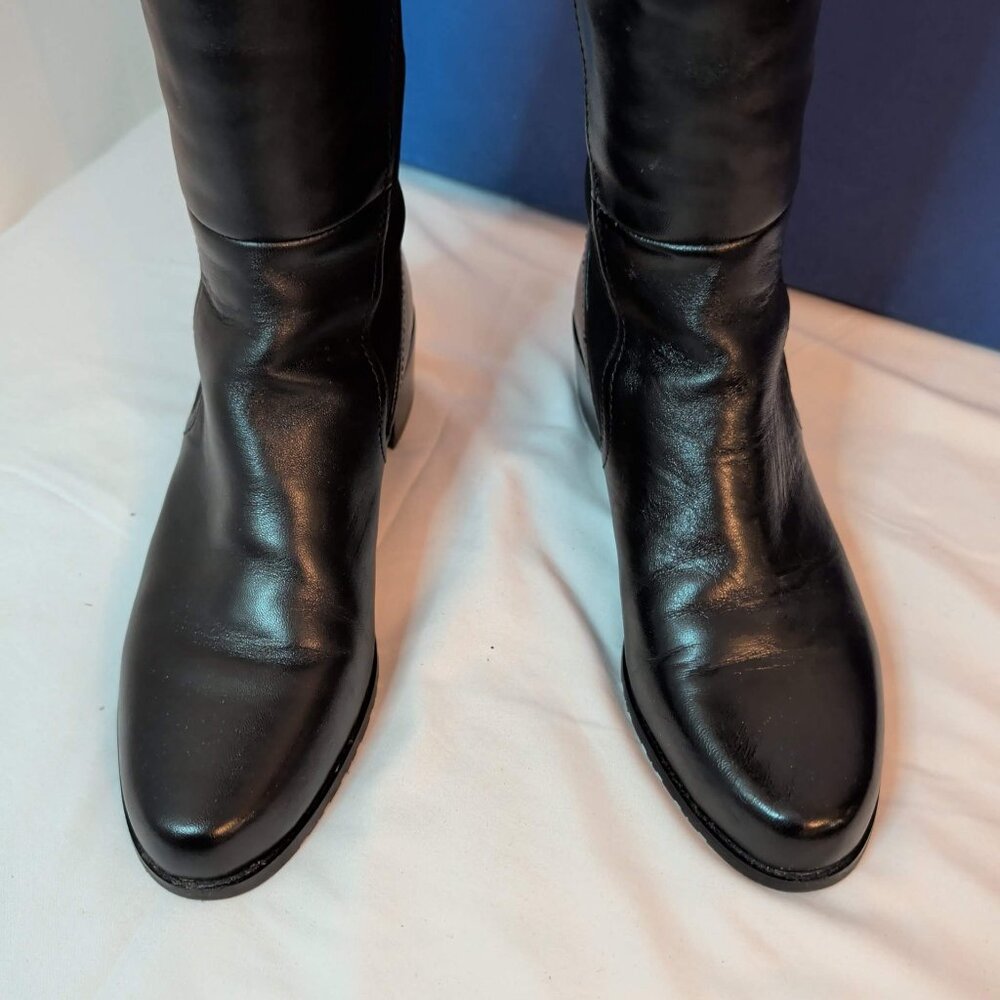Stuart Weitzman Lynelle Black Leather and Neoprene Over-The-Knee Boots - Picture 8 of 11
